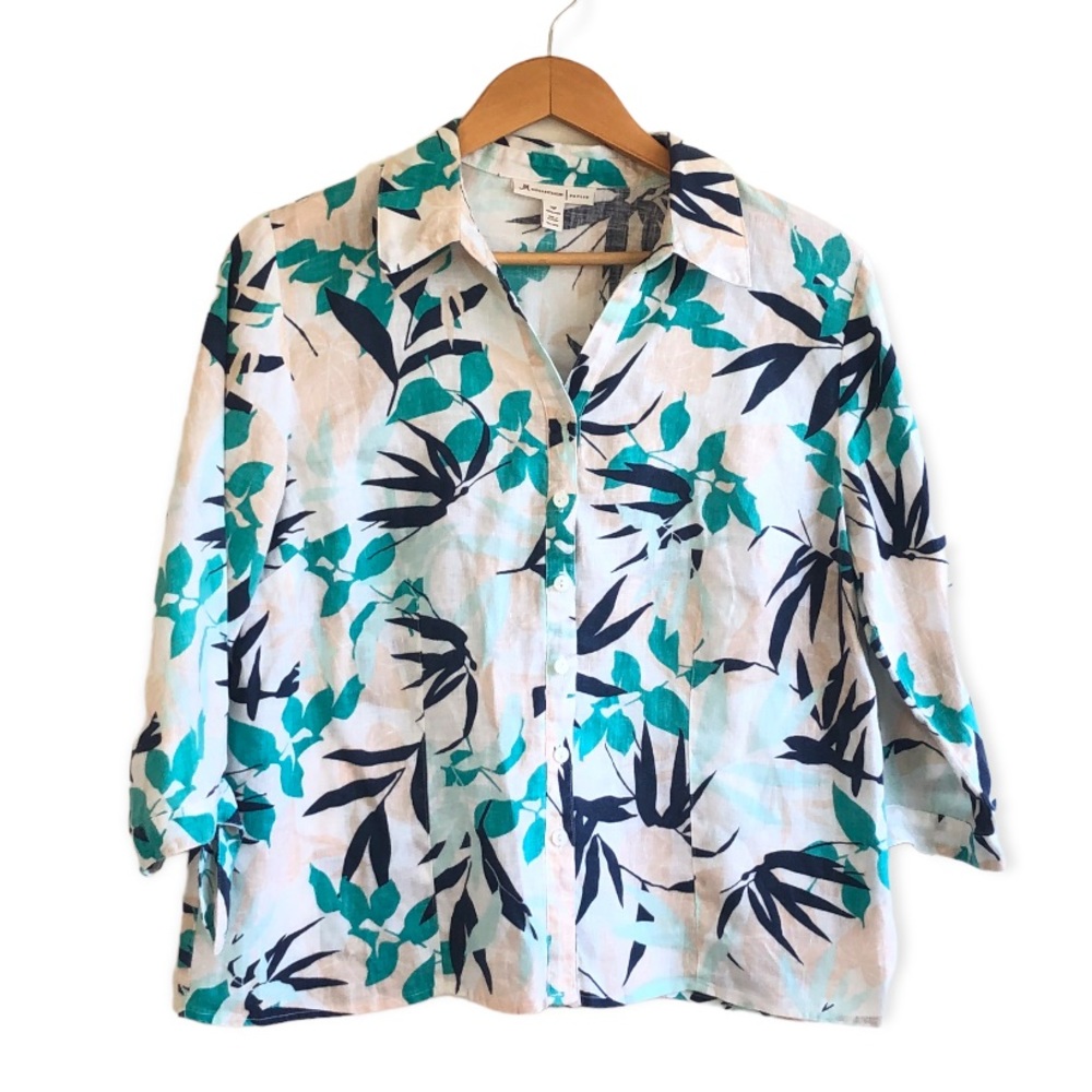 JM Collection Linen tropical Hawaiian botanical Button down Shirt | 14P
